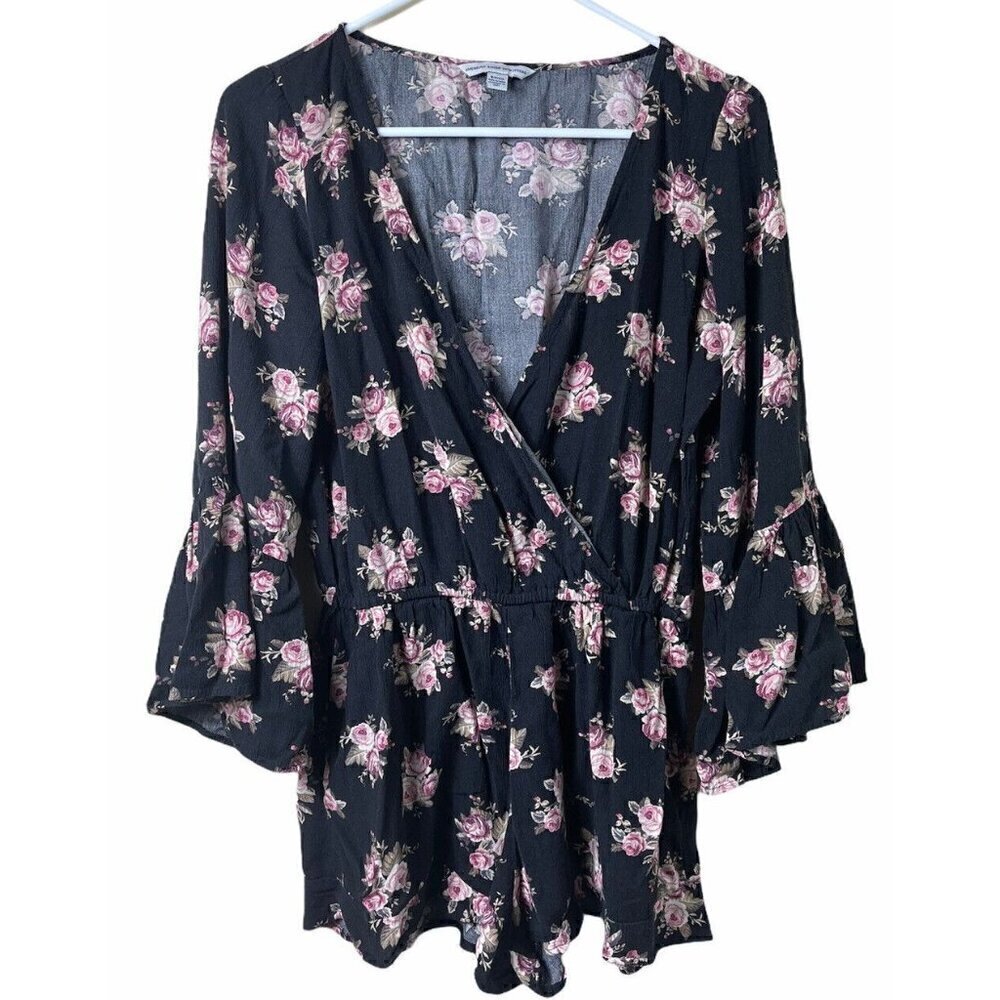 AEO American Eagle Outfitters Black Floral Romper with Ruffle Sleeves Sz Small S